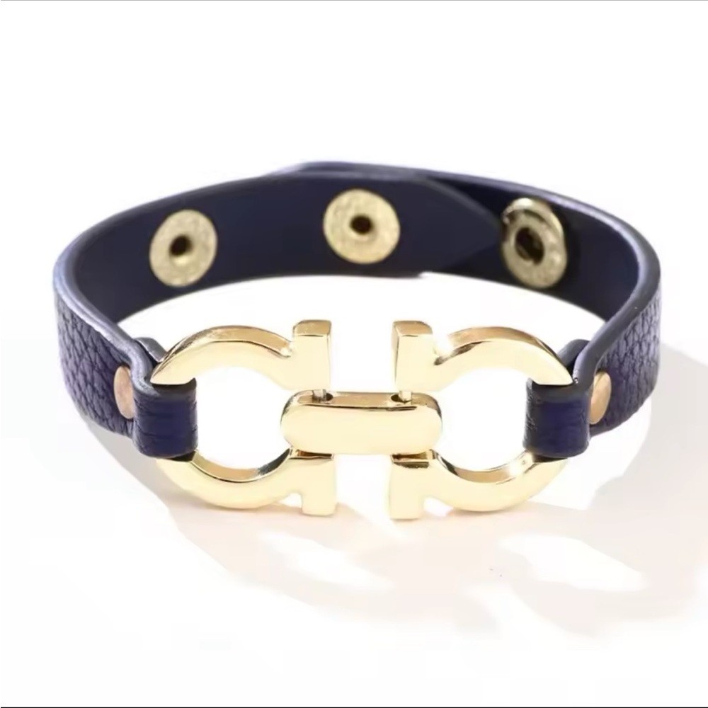 Unisex Navy Faux Leather Bracelet with Gold Buckle Detail